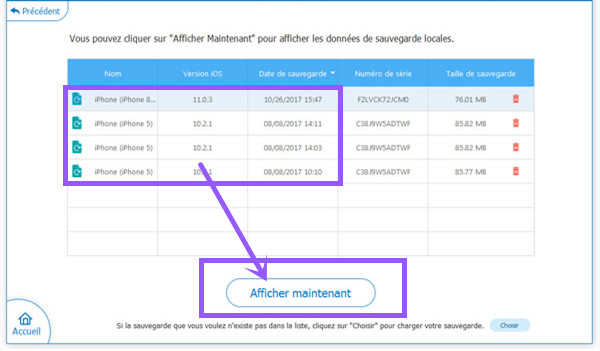 voir la liste de sauvegarde